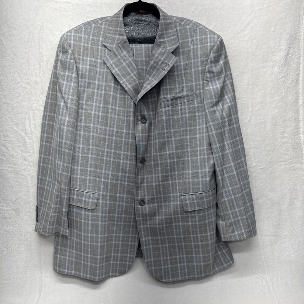 Men's Formal Gray/Grey Plaid 3 Piece Suit Suspender Buttons Cuff Hem 40R 34W